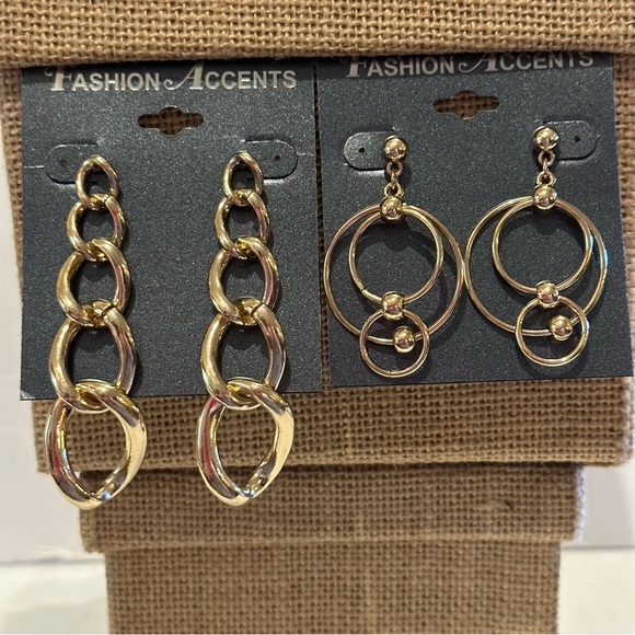 NWT 2 Pair of Fashion Accents Earrings gold tone - open link chain, multi-circle - Picture 1 of 9